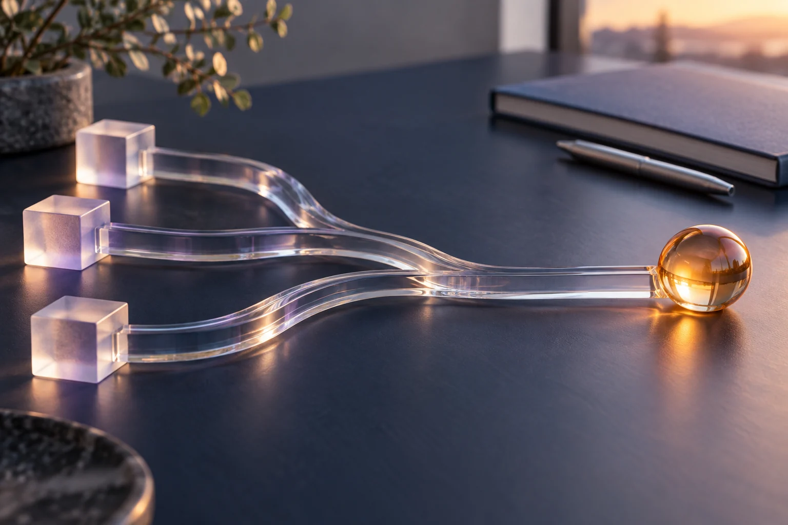 Glass paths joining into one clear direction, an illustration of turning findings into an action plan