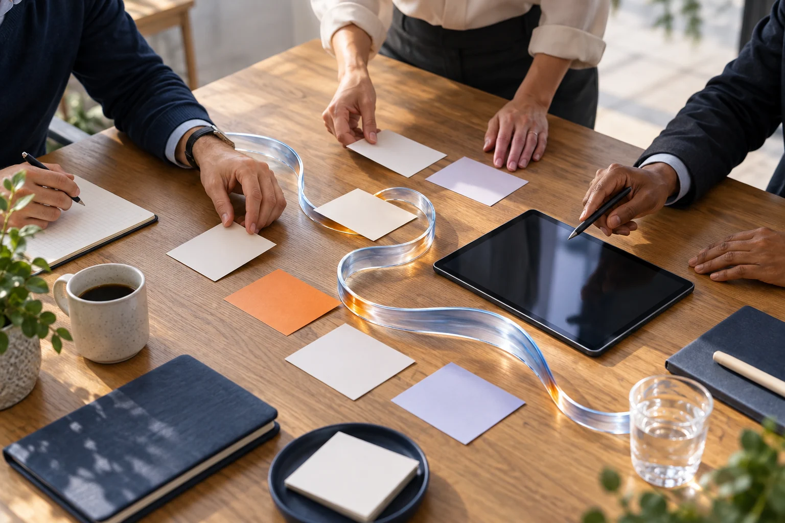 Illustration of a working session with process cards and a glass ribbon connecting the ideas